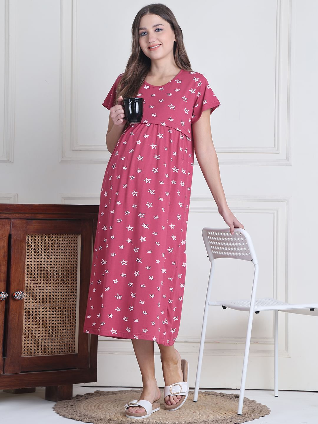 Secret Wish Pink Star Hosiery Maternity Nighty