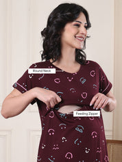Maroon Printed Hosiery Maternity Nighty