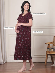 Maroon Printed Hosiery Maternity Nighty