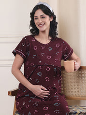 Maroon Printed Hosiery Maternity Nighty