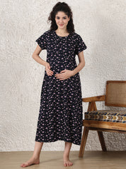 Dark Blue Printed Hosiery Maternity Nighty