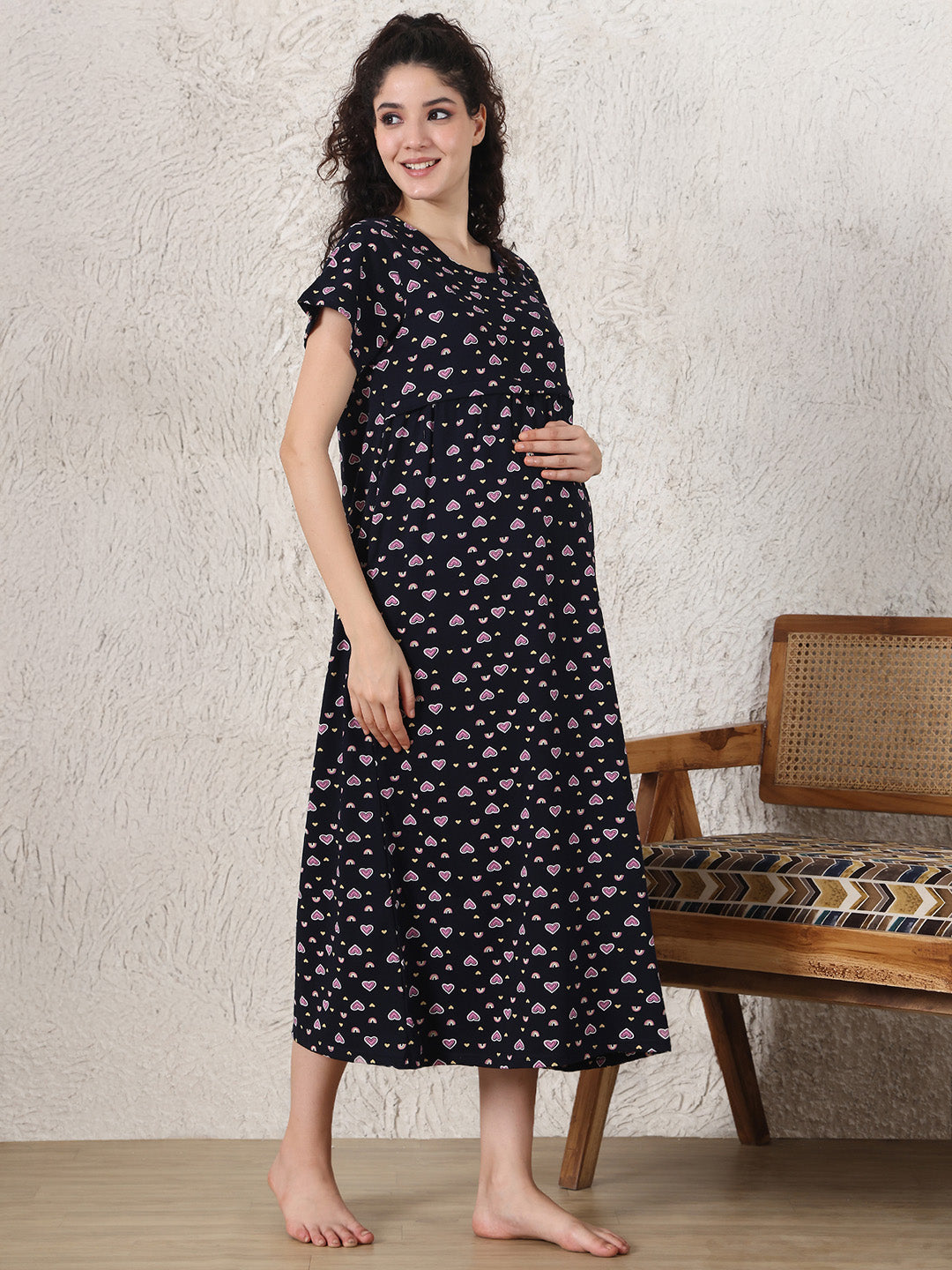 Dark Blue Printed Hosiery Maternity Nighty