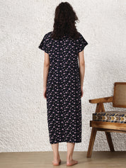 Dark Blue Printed Hosiery Maternity Nighty