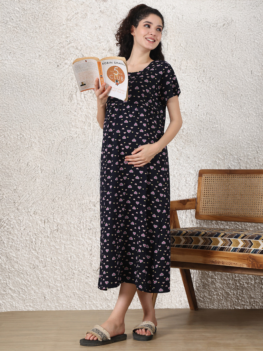 Dark Blue Printed Hosiery Maternity Nighty