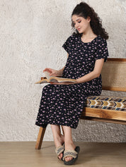 Dark Blue Printed Hosiery Maternity Nighty