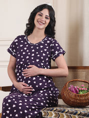 Violet Heart Print Hosiery Maternity Nighty