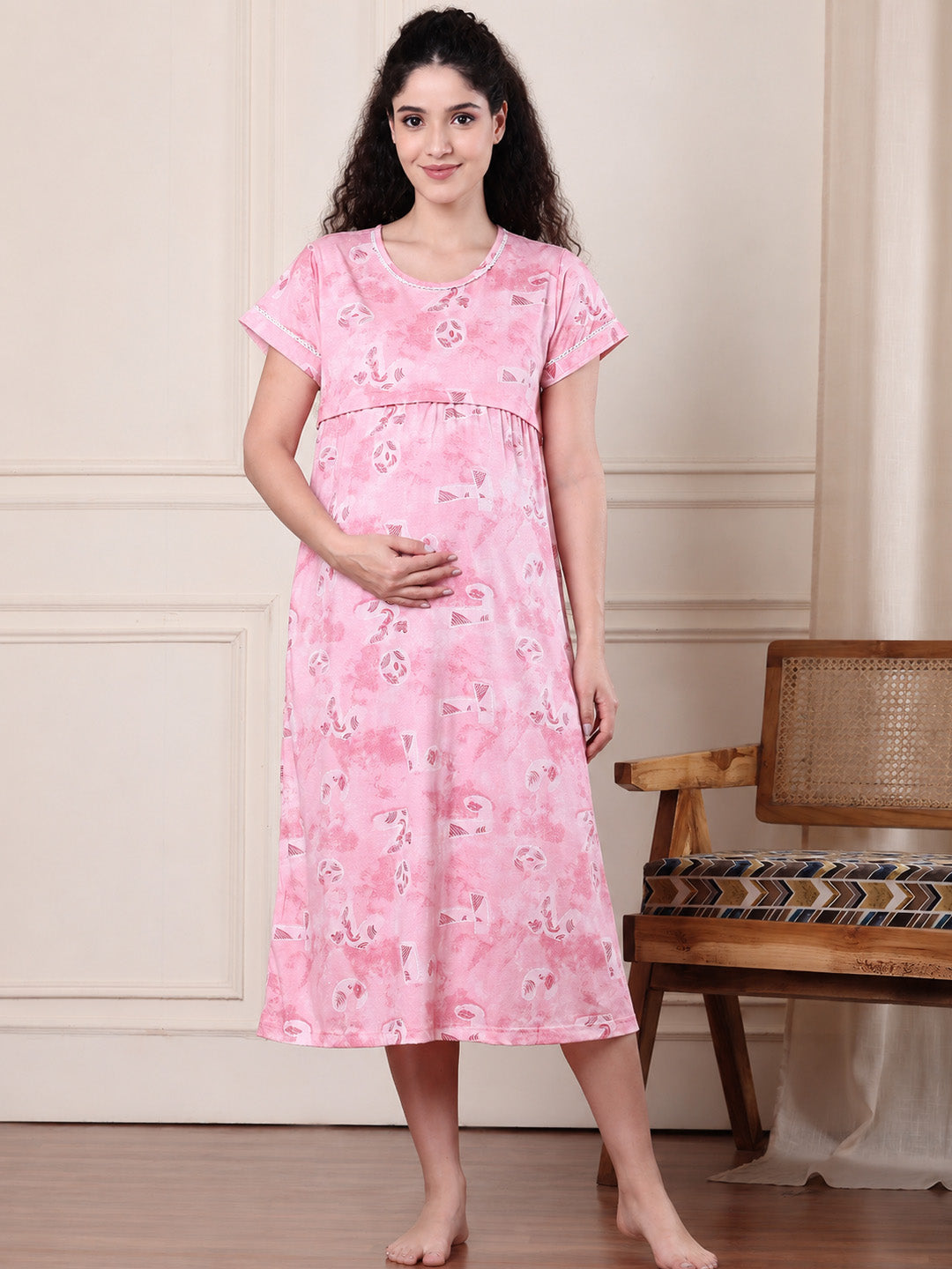 Pink Printed Hosiery Maternity Nighty