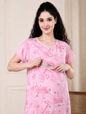 Pink Printed Hosiery Maternity Nighty