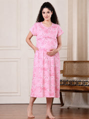 Pink Printed Hosiery Maternity Nighty