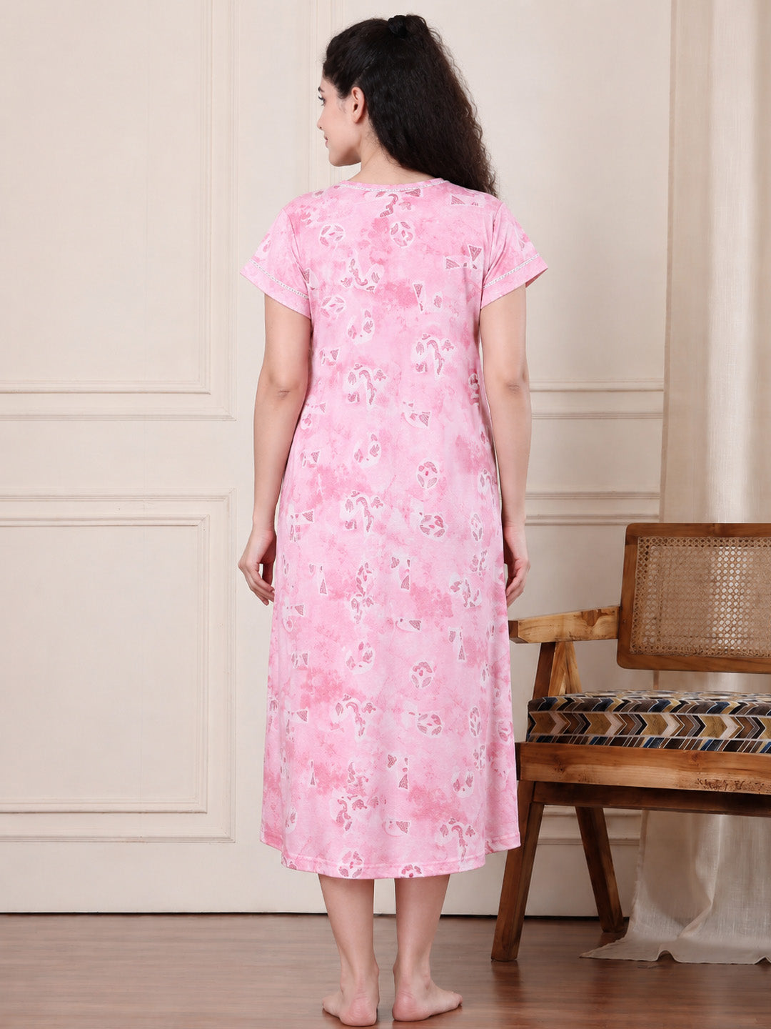 Pink Printed Hosiery Maternity Nighty