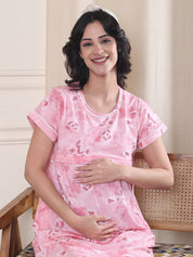 Pink Printed Hosiery Maternity Nighty