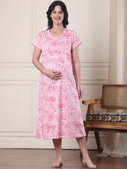 Pink Printed Hosiery Maternity Nighty