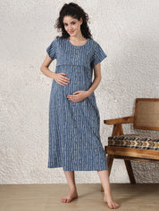 Secret Wish Blue Printed Hosiery Maternity Nighty