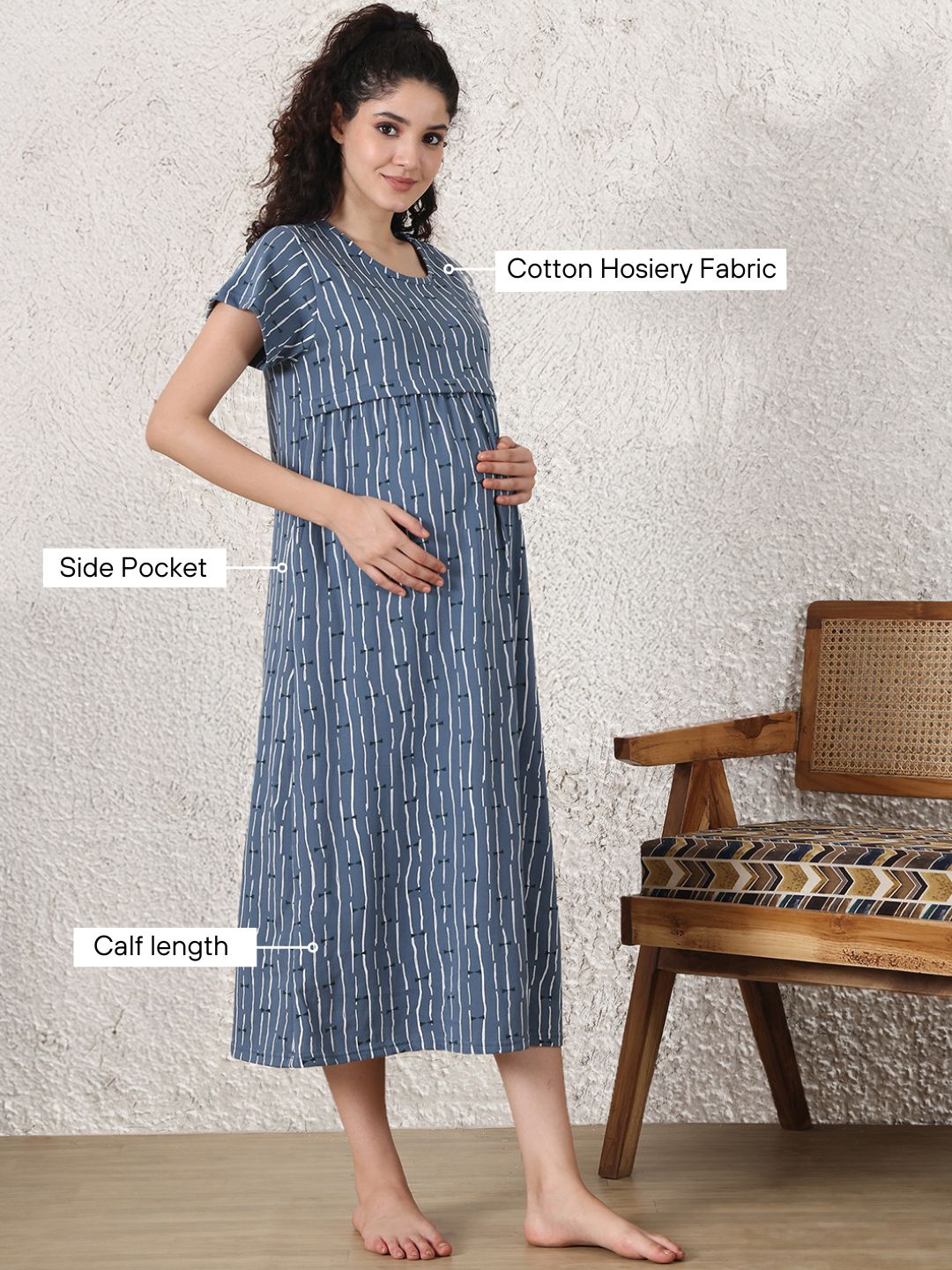 Secret Wish Blue Printed Hosiery Maternity Nighty
