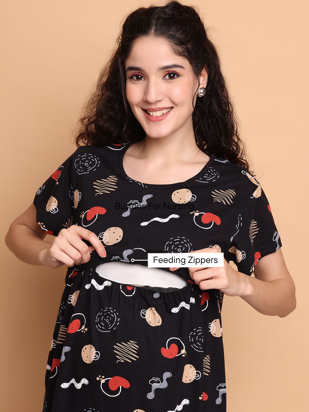 Black Abstract Hosiery Maternity Nighty