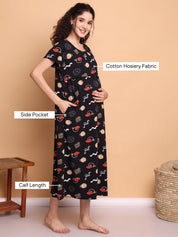 Black Abstract Hosiery Maternity Nighty