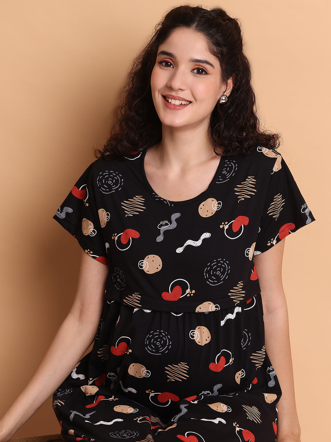 Black Abstract Hosiery Maternity Nighty
