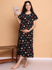 Black Abstract Hosiery Maternity Nighty