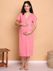 Pink Printed Hosiery Zipless Maternity Nighty