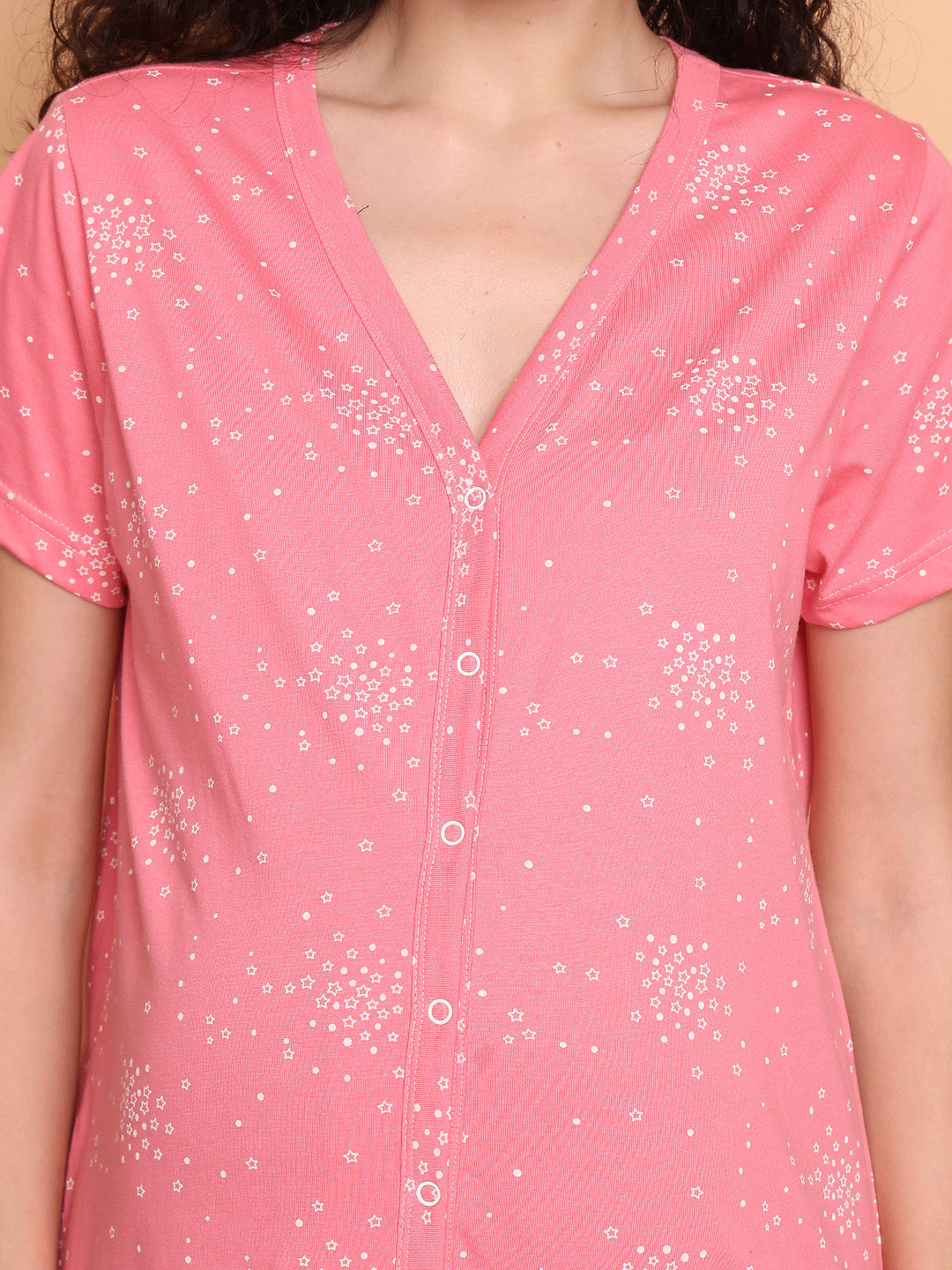 Pink Printed Hosiery Zipless Maternity Nighty