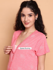 Pink Printed Hosiery Zipless Maternity Nighty