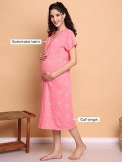 Pink Printed Hosiery Zipless Maternity Nighty
