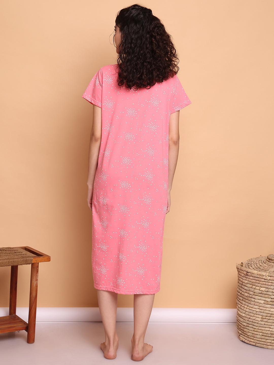 Pink Printed Hosiery Zipless Maternity Nighty