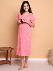 Pink Printed Hosiery Zipless Maternity Nighty