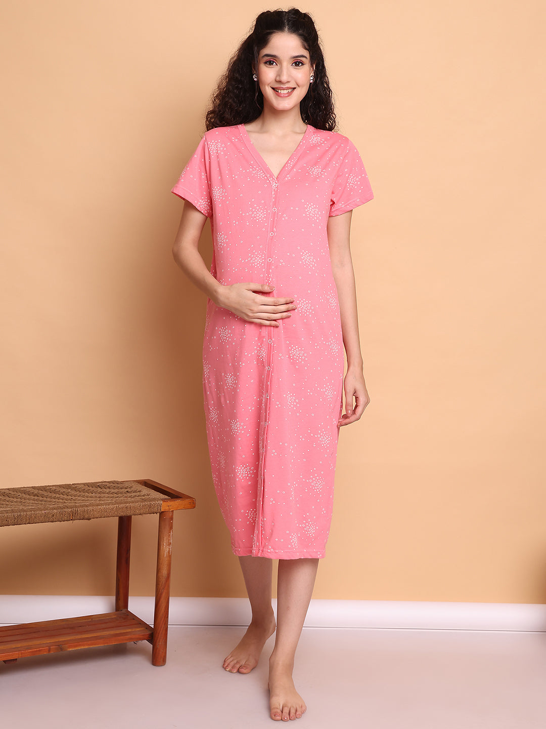 Pink Printed Hosiery Zipless Maternity Nighty
