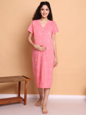 Pink Printed Hosiery Zipless Maternity Nighty