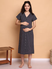 Black Striped Hosiery Zipless Maternity Nighty