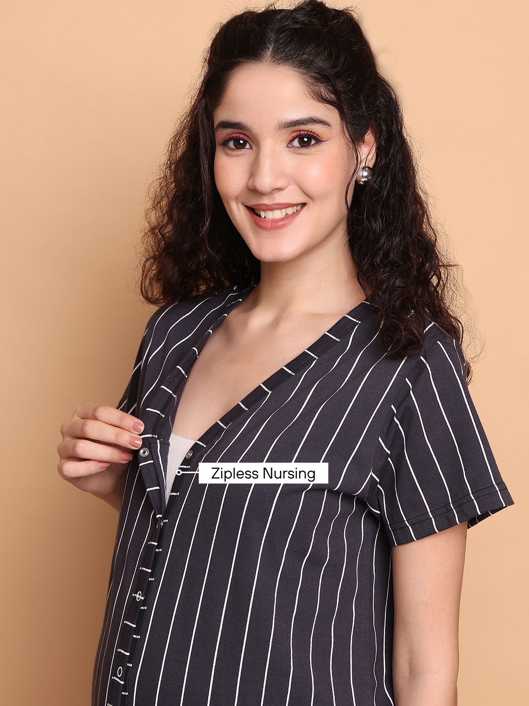 Black Striped Hosiery Zipless Maternity Nighty