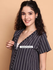 Black Striped Hosiery Zipless Maternity Nighty