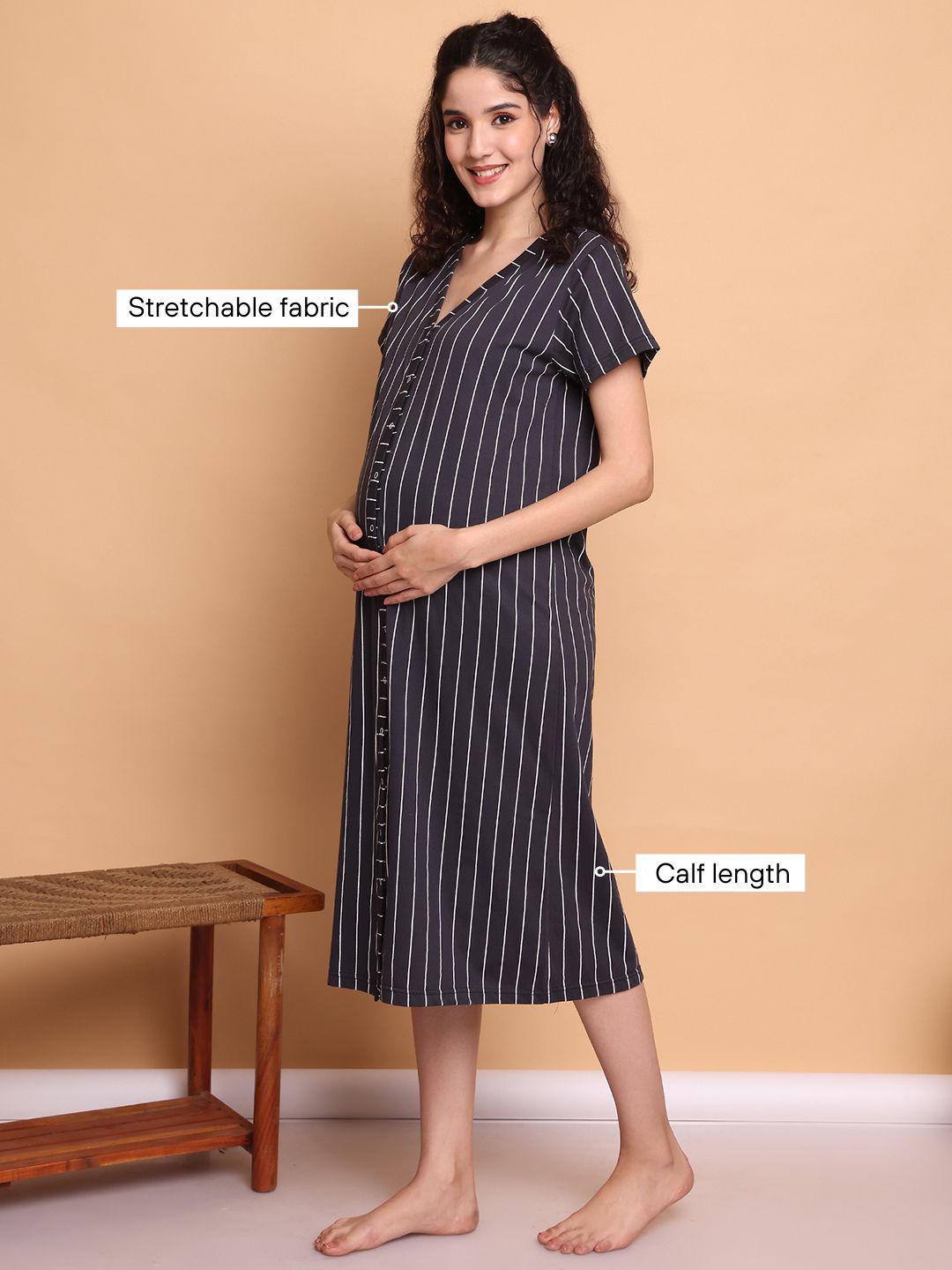 Black Striped Hosiery Zipless Maternity Nighty