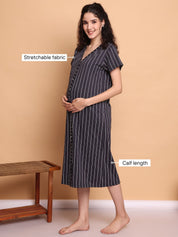 Black Striped Hosiery Zipless Maternity Nighty