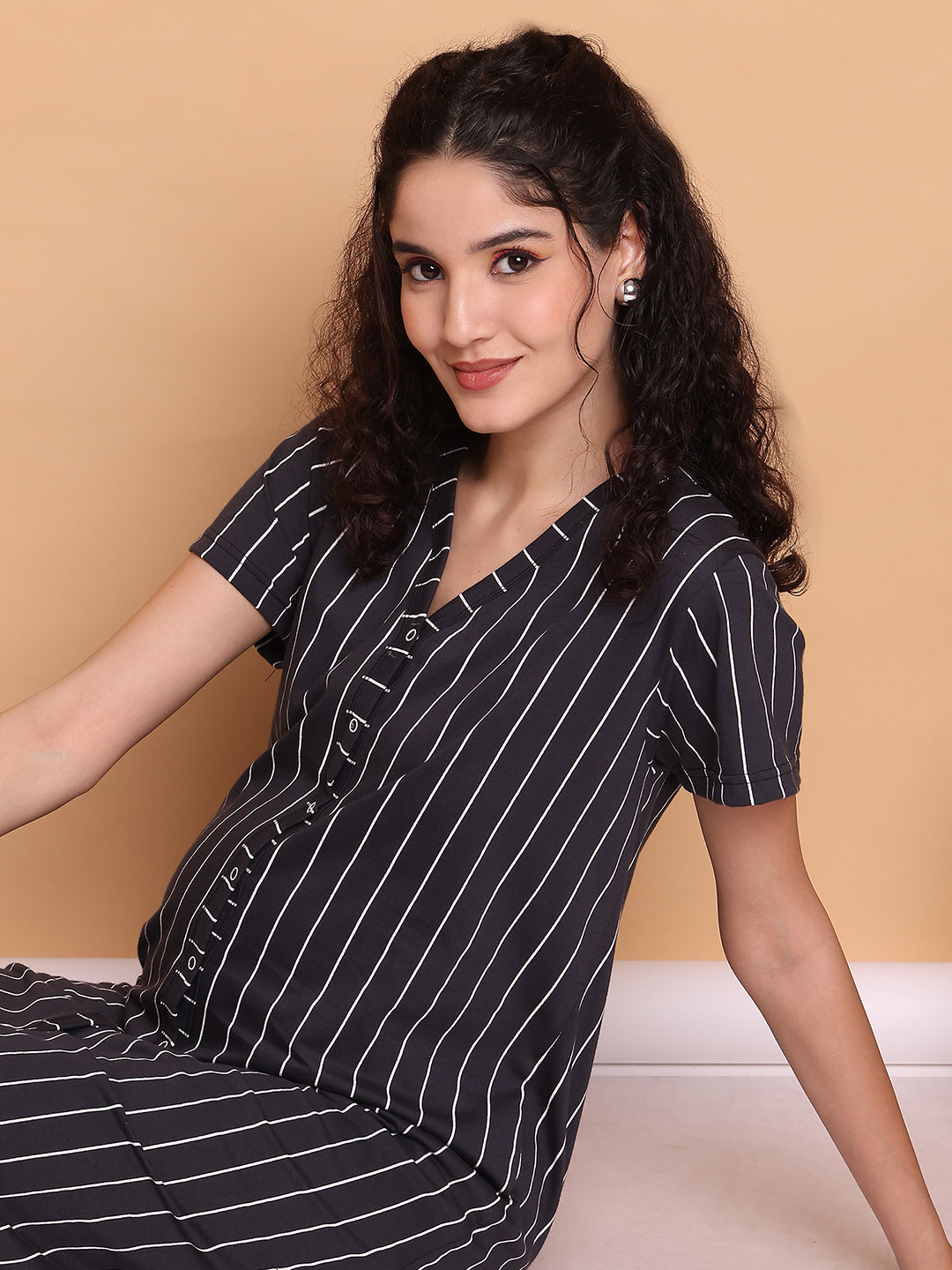 Black Striped Hosiery Zipless Maternity Nighty