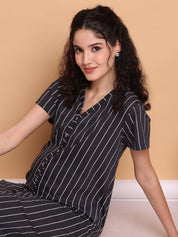 Black Striped Hosiery Zipless Maternity Nighty