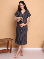 Black Striped Hosiery Zipless Maternity Nighty
