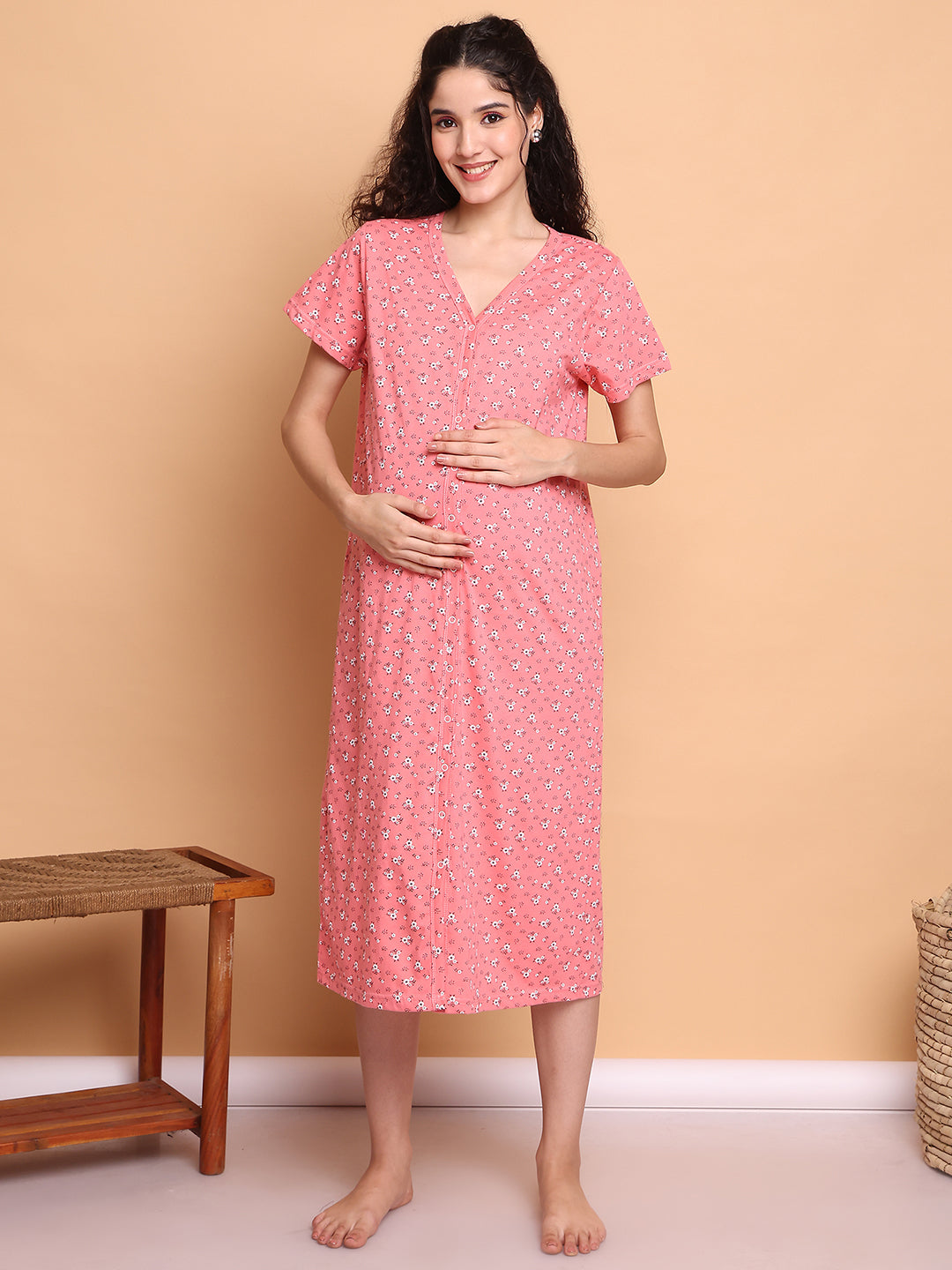 Pink Floral Hosiery Zipless Maternity Nighty