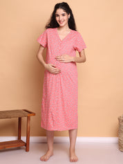 Pink Floral Hosiery Zipless Maternity Nighty