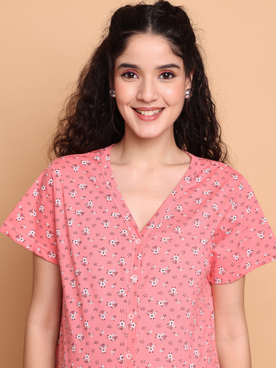 Pink Floral Hosiery Zipless Maternity Nighty