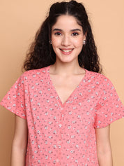 Pink Floral Hosiery Zipless Maternity Nighty