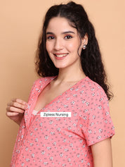Pink Floral Hosiery Zipless Maternity Nighty
