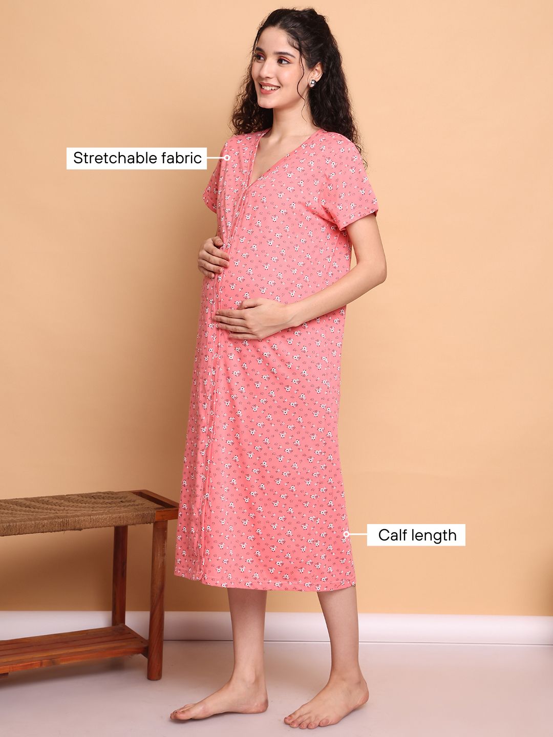 Pink Floral Hosiery Zipless Maternity Nighty