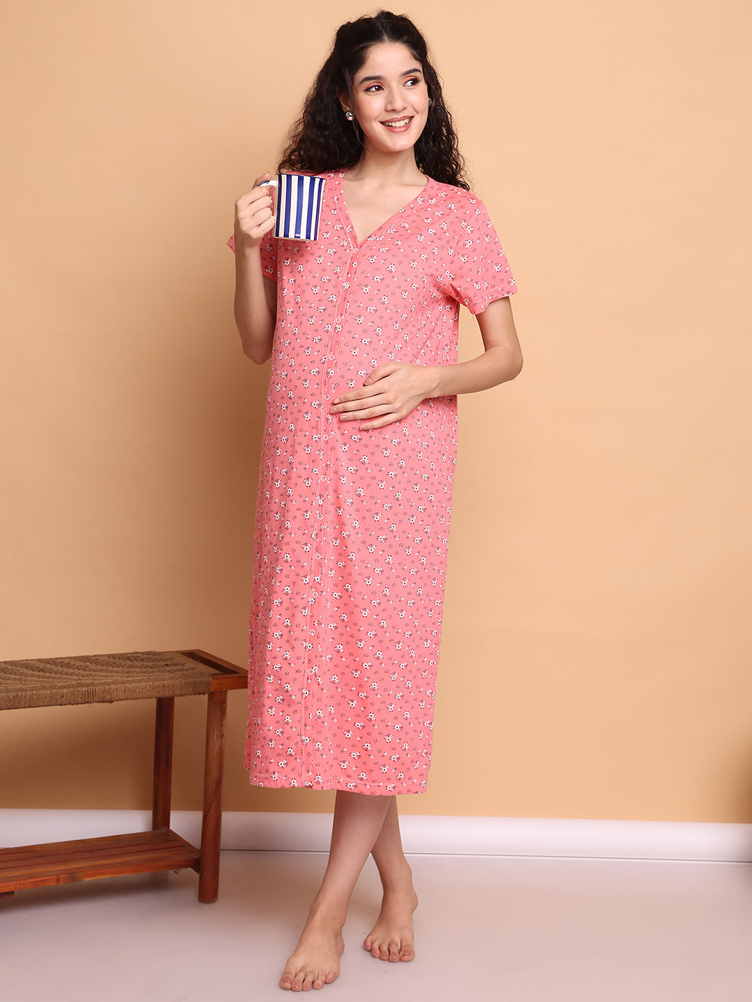 Pink Floral Hosiery Zipless Maternity Nighty