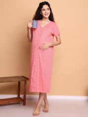 Pink Floral Hosiery Zipless Maternity Nighty
