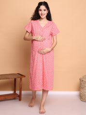 Pink Floral Hosiery Zipless Maternity Nighty