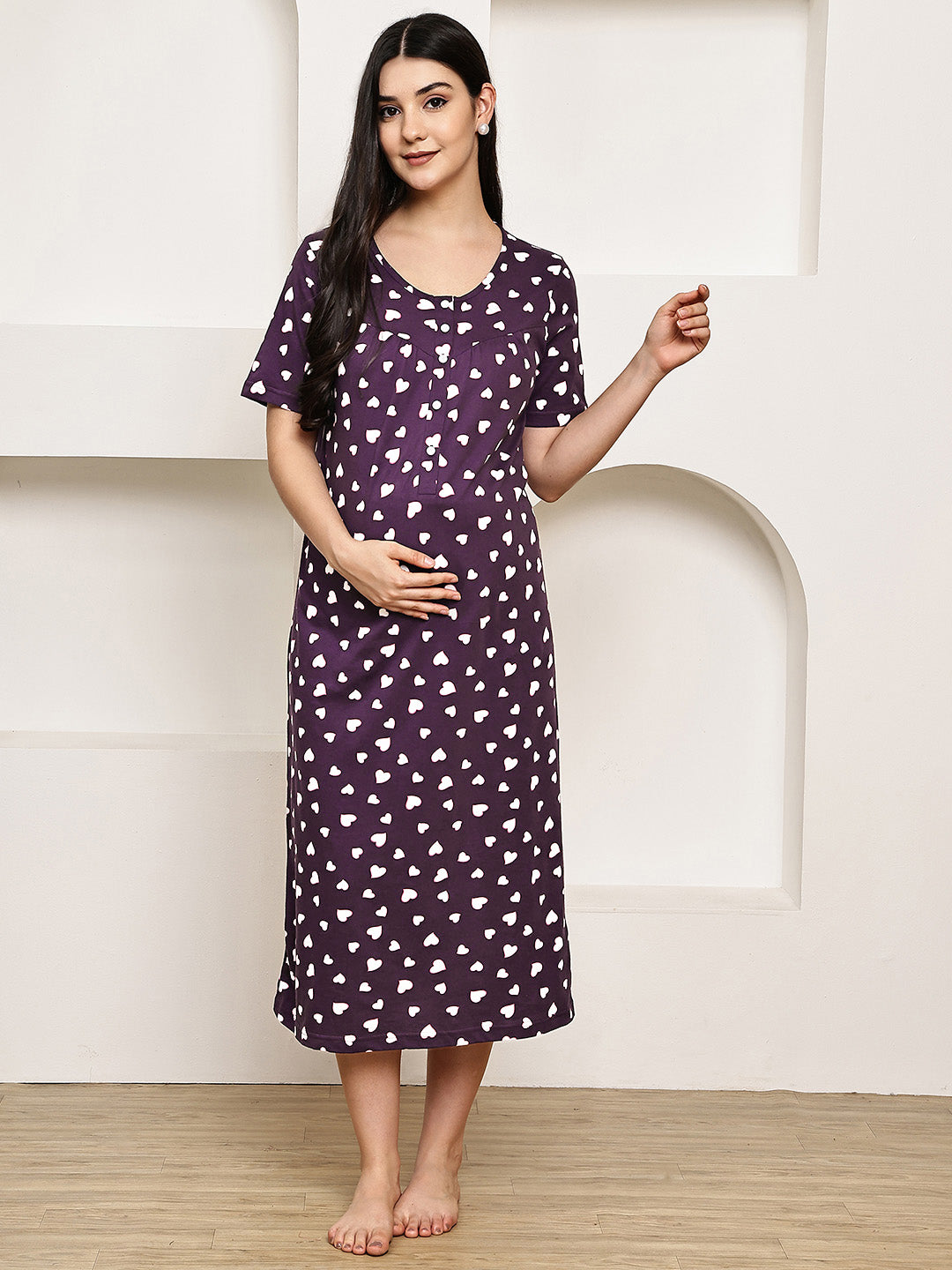 Violet Heart Print Hosiery Maternity Nighty