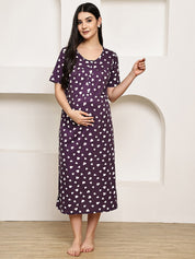 Violet Heart Print Hosiery Maternity Nighty