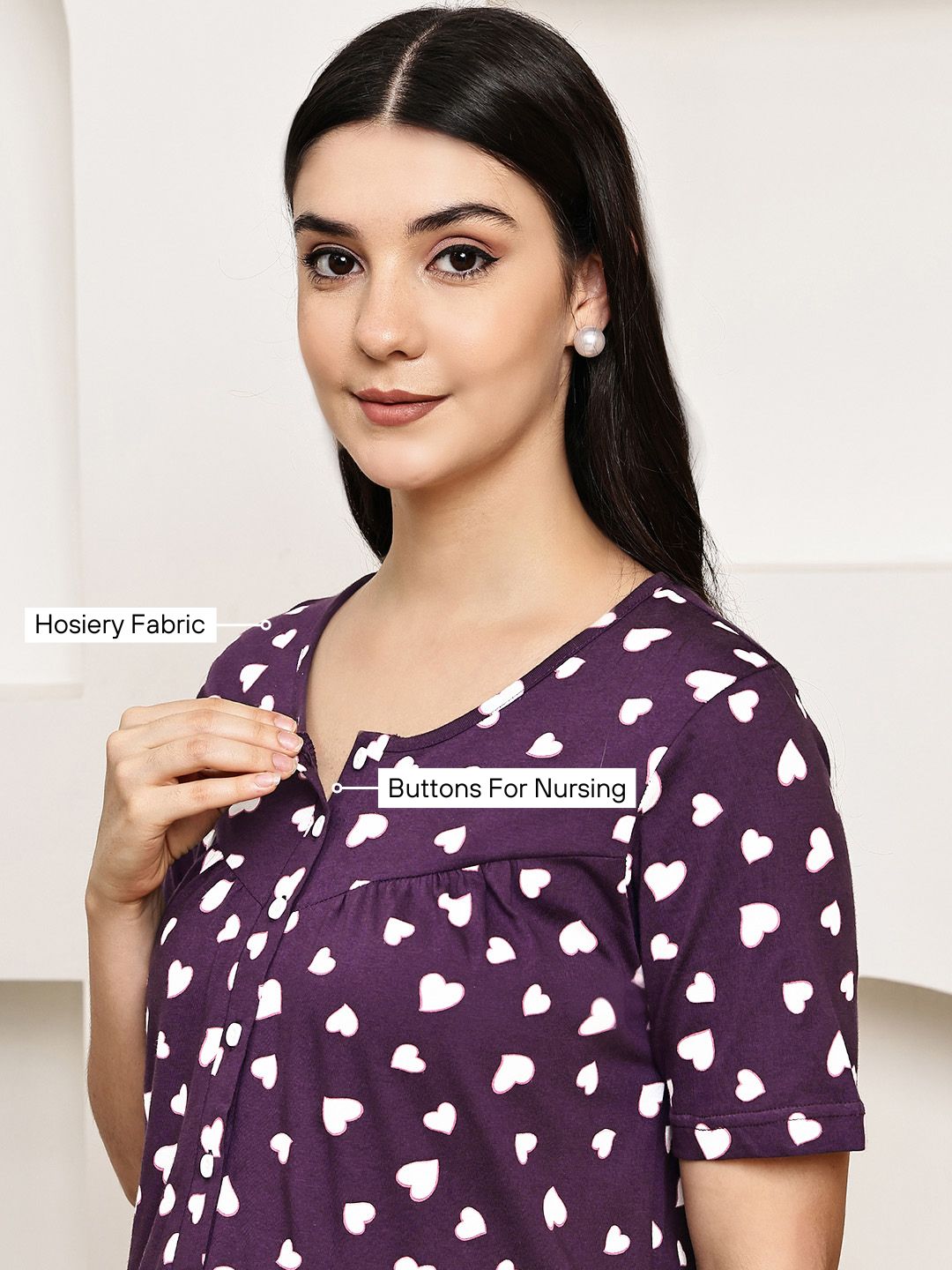 Violet Heart Print Hosiery Maternity Nighty
